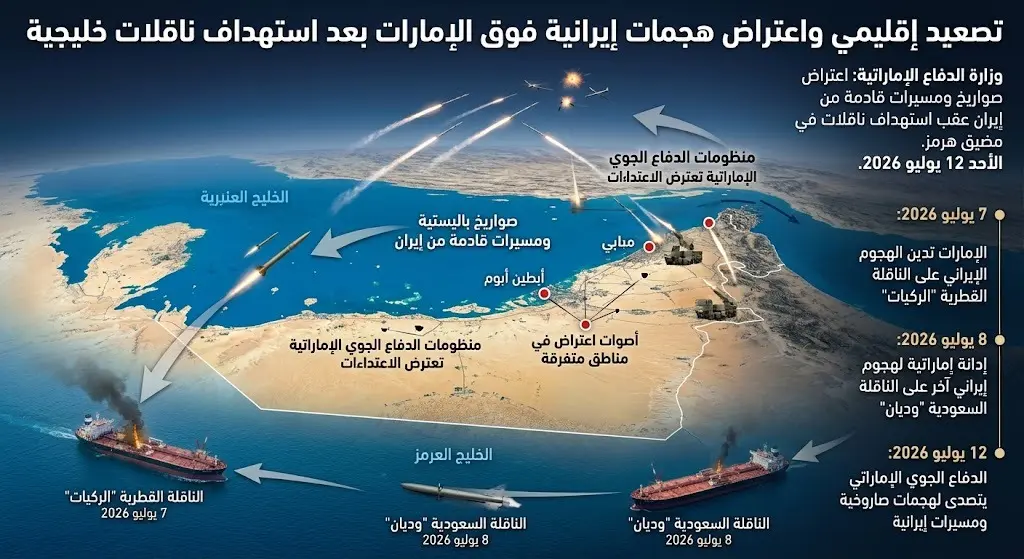 وزارة الدفاع الإماراتية تعلن اعتراض صواريخ باليستية ومسيرات قادمة من إيران عقب استهداف ناقلات خليجية
