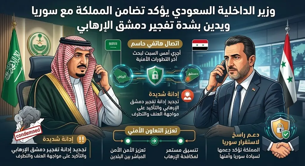 وزير الداخلية السعودي يؤكد تضامن المملكة مع سوريا ويدين بشدة تفجير دمشق الإرهابي