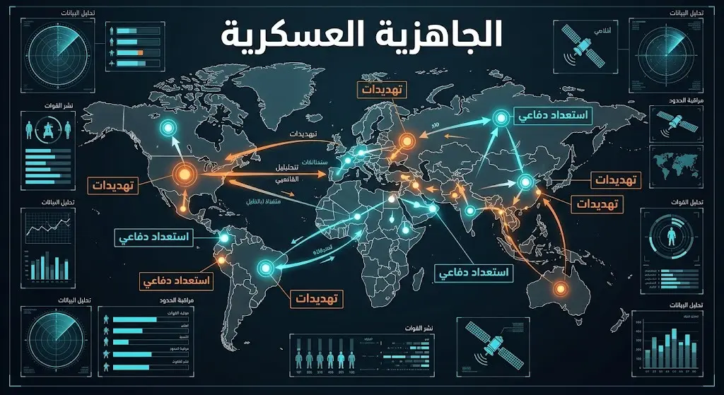 واجهة بصرية تعبيرية تبرز الجاهزية العسكرية والتهديدات الموجهة لقادة إيران.