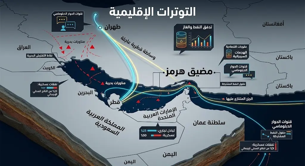 خريطة تفاعلية وإنفوجرافيك يوضح مضيق هرمز ومسار التحركات الدبلوماسية القطرية نحو طهران.