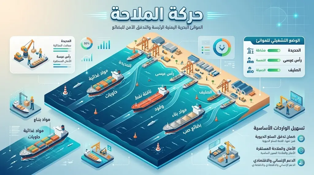 إنفوجرافيك يوضح استمرار حركة الملاحة في الموانئ اليمنية مثل الحديدة ورأس عيسى واستقبالها للسفن التجارية.