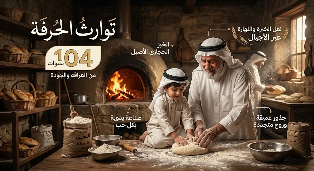 مشهد تعبيري احترافي يظهر خبازاً مسناً ينقل أسرار المهنة لطفل صغير داخل فرن تقليدي، مع نصوص بارزة توضح استمرار الحرفة لـ 104 سنوات.