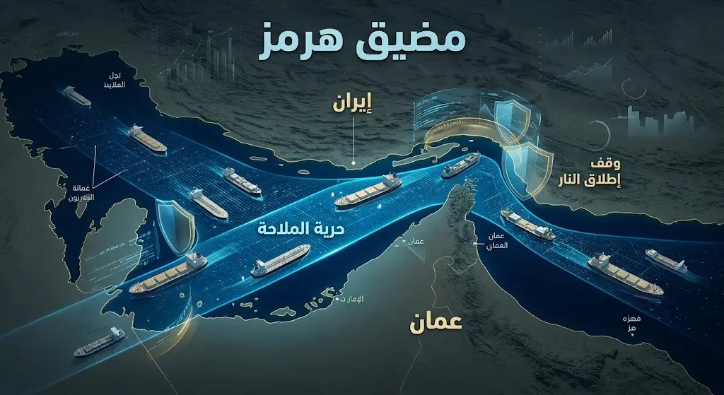 تصميم بصري لمضيق هرمز يبرز أهمية حرية الملاحة البحرية ومساعي وقف إطلاق النار